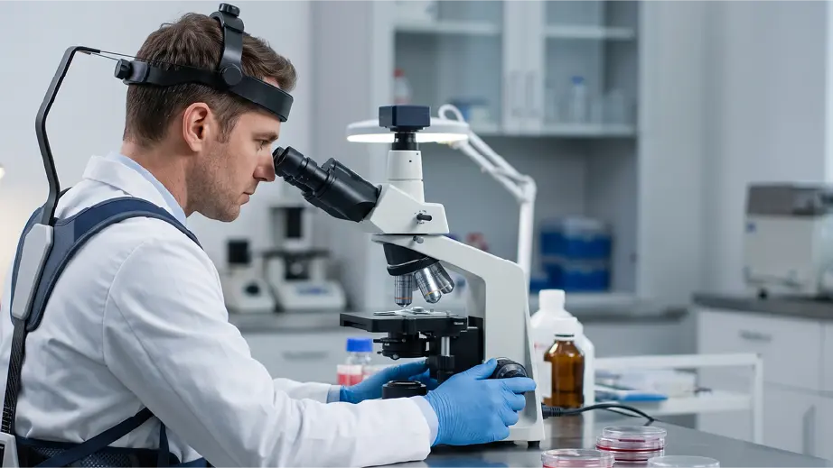 Laboratory technician wearing a neck support exoskeleton while using a microscope