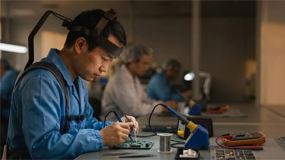 Electronics technician using a neck support exoskeleton during circuit board soldering